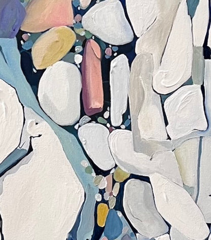 Abstract painting in shades of blue, white, turquoise, pink and yellow. Detail view.