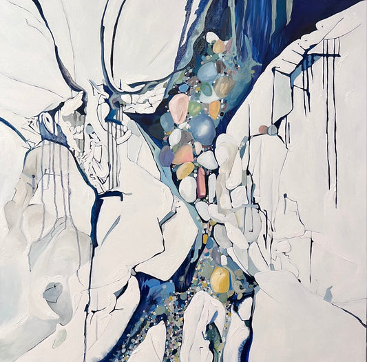 Abstract painting in shades of blue, white, turquoise, pink and yellow.