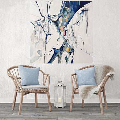 Abstract painting in shades of blue, white, turquoise, pink and yellow. Shown in situ on a white wall.