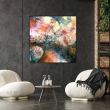 Load image into Gallery viewer, An original oil painting of the artist&#39;s interpretation of rock pools on the NSW South Coast. Shown in situ in a living room on a dark grey wall.
