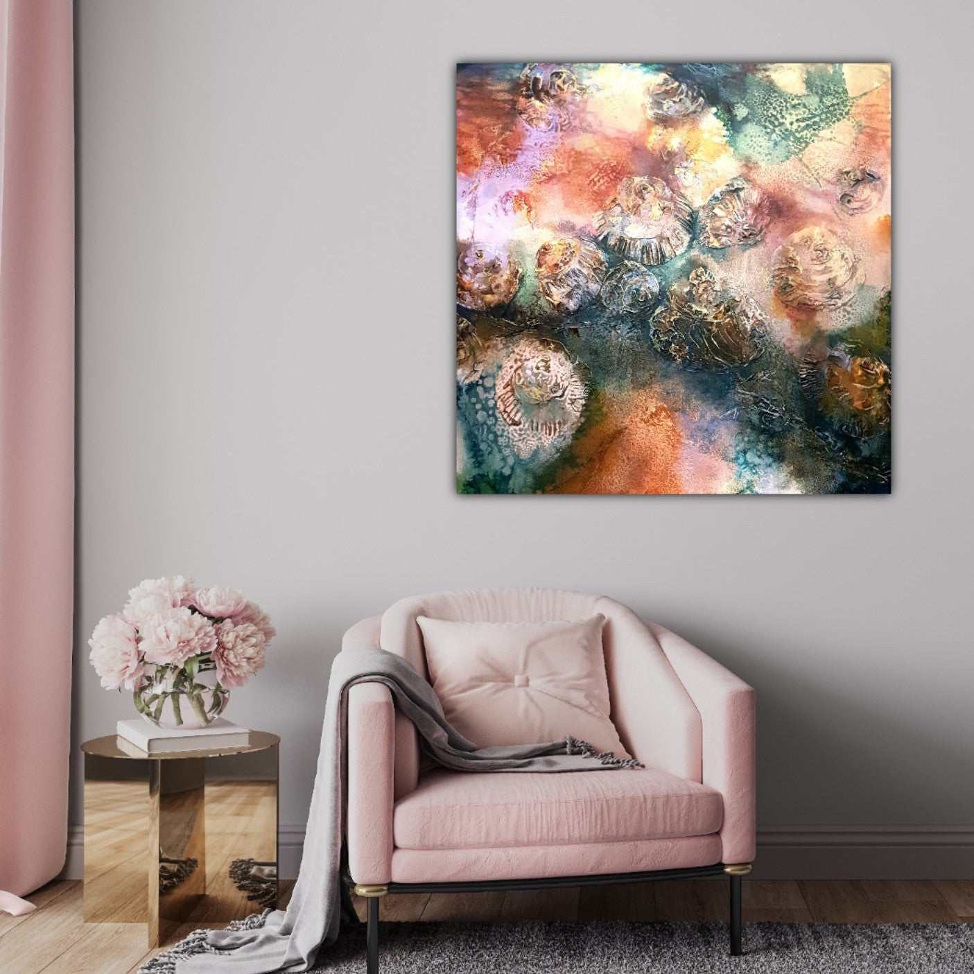 An original oil painting that was Inspired by morning walks along the rock pools of the NSW South Coast. Shown in situ on a pale grey wall above a pink armchair.