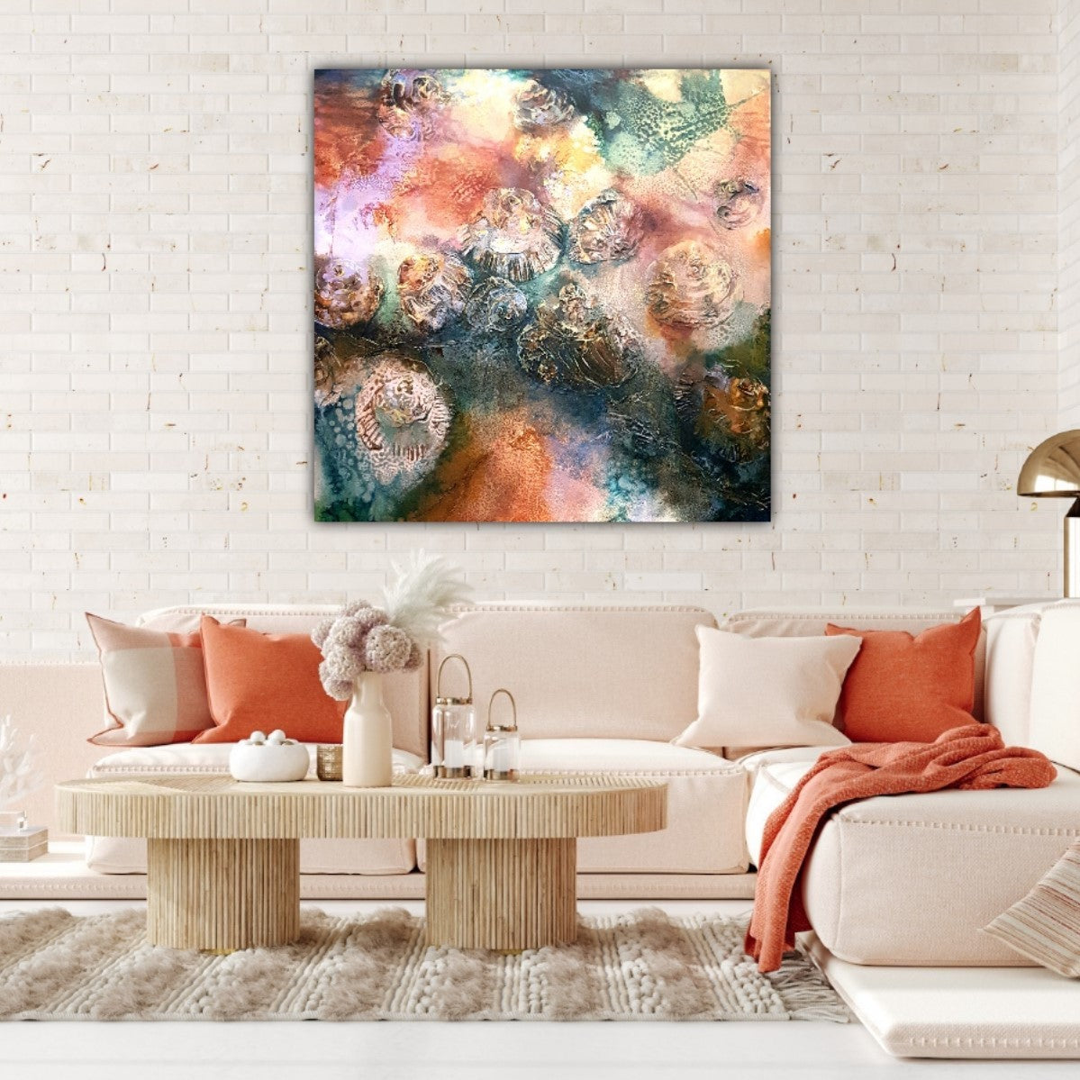 An original oil painting of the artist's interpretation of rock pools on the NSW South Coast. Shown in situ in a living room on a cream brick wall.
