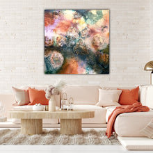 Load image into Gallery viewer, An original oil painting of the artist&#39;s interpretation of rock pools on the NSW South Coast. Shown in situ in a living room on a cream brick wall.
