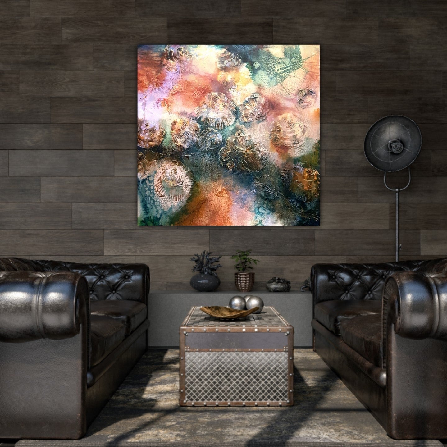 An original oil painting that was Inspired by morning walks along the rock pools of the NSW South Coast. Shown in situ in a living room .