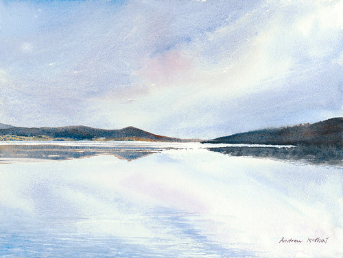 Lake Jindabyne, NSW, in the morning, with mountains in the background, painted in watercolours with a soft pale pink in the sky.