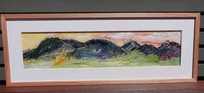 bstract painting of the hills and grassy countryside in Sofala NSW. Framed view.