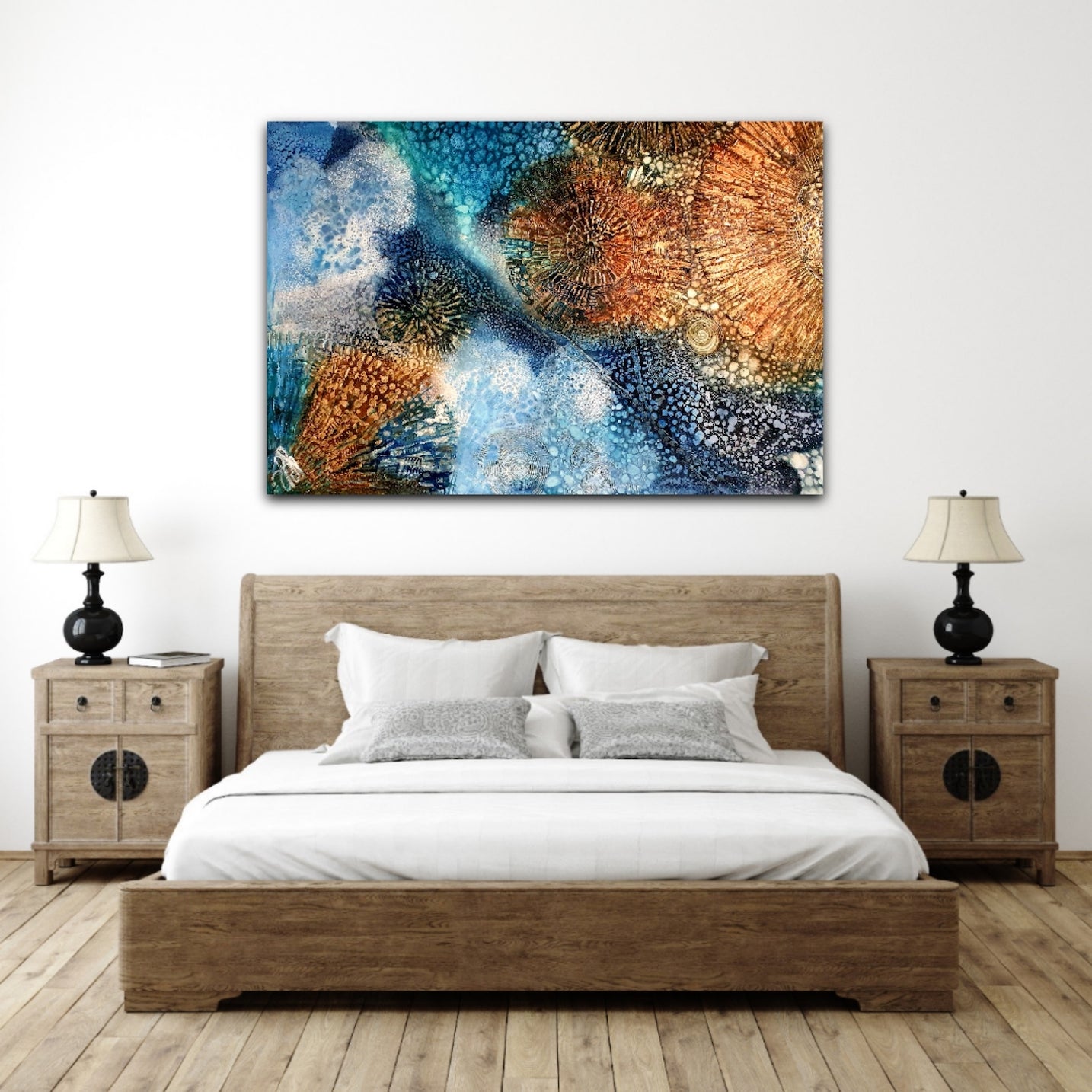 Rockpool shells oil painting. Shown on a white bedroom wall.