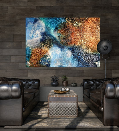 Rockpool shells oil painting. Shown on a dark brown timber wall.