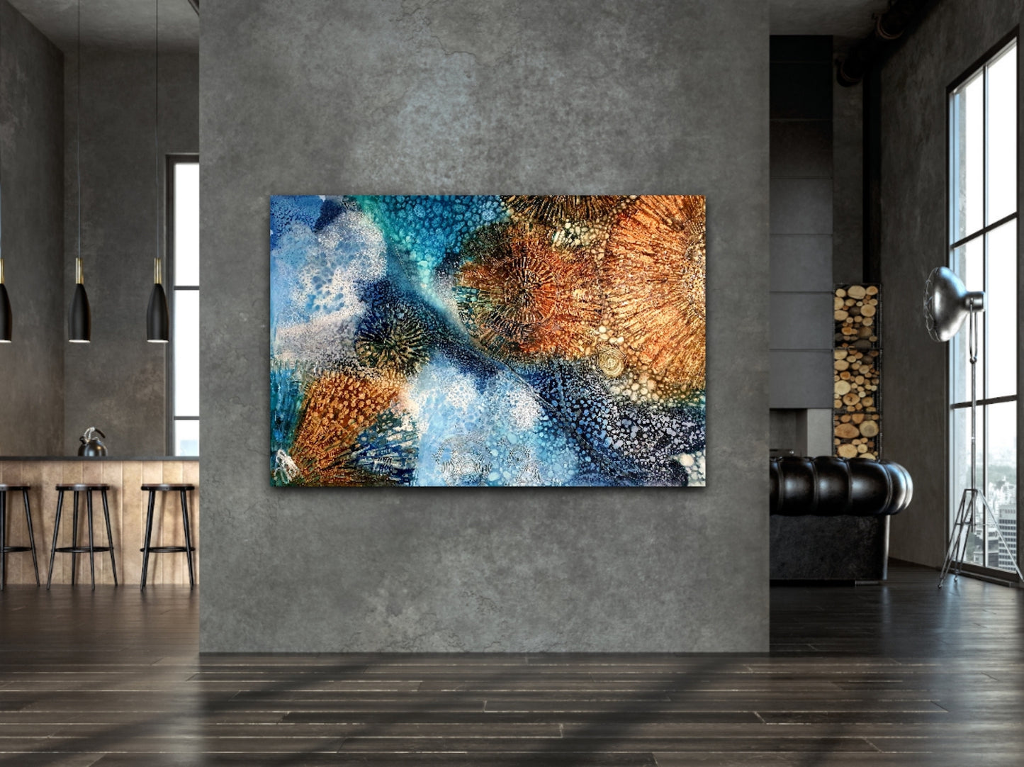 Rockpool shells oil painting. Shown on a dark grey wall.