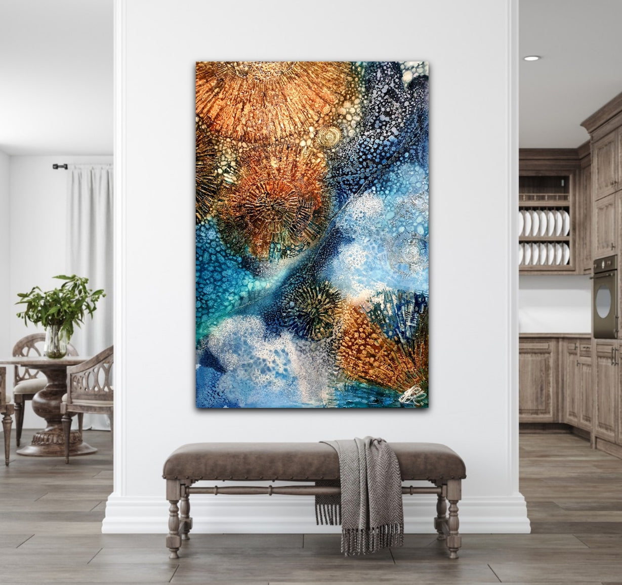 Rockpool shells oil painting. Shown in situ on a white wall.