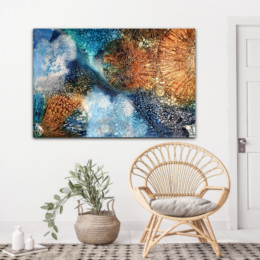 Rockpool shells oil painting. Show on a white wall.