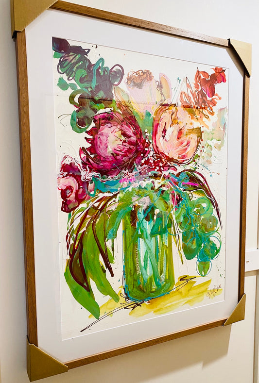 Kerry Bruce Native Bliss original artwork Acrylic on 500gsm Archival art paper in light oak box frame, wall display