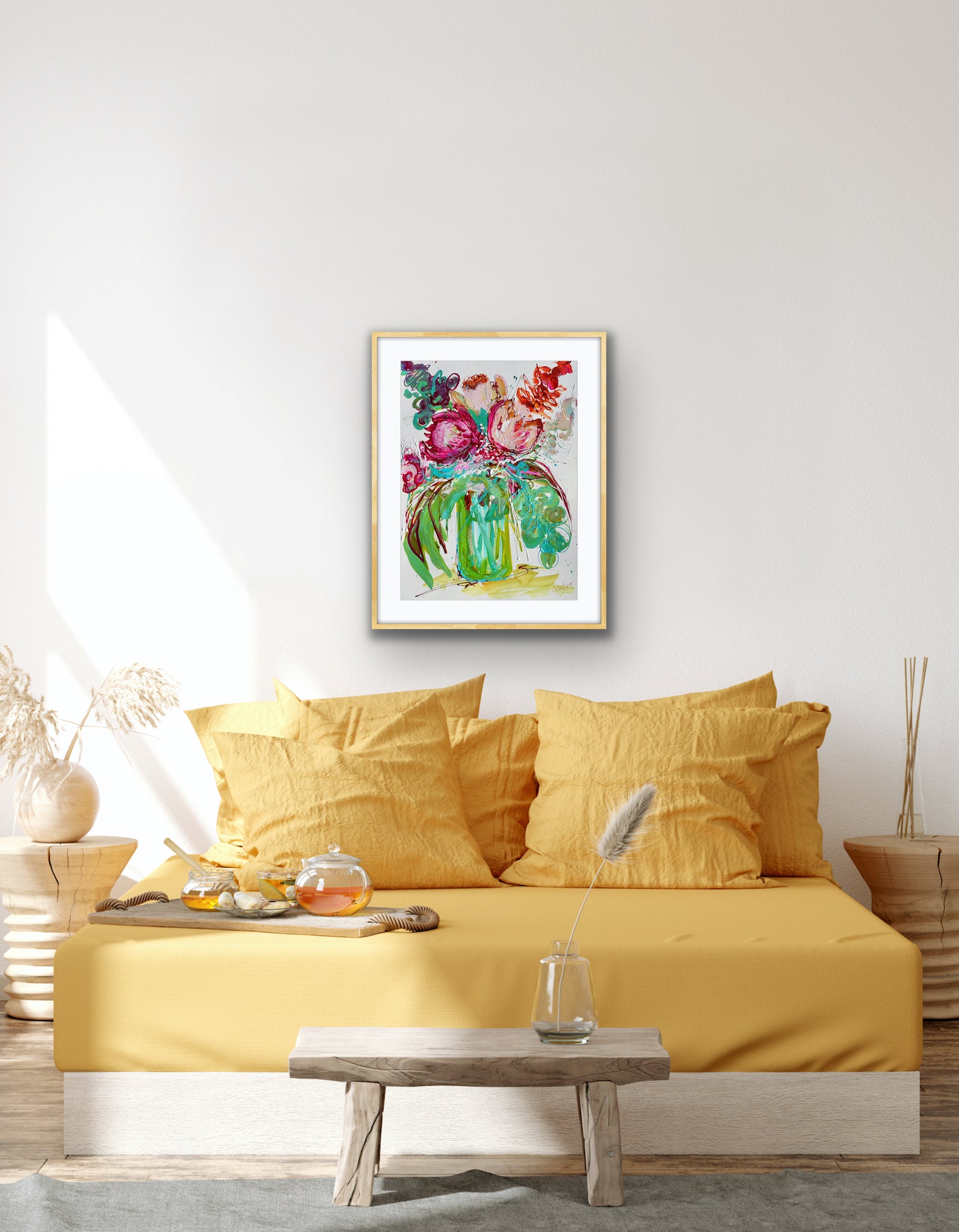 Kerry Bruce Native Bliss original artwork 56cm x 76cm Acrylic on 500gsm Archival art paper in light oak box frame, Insitu 