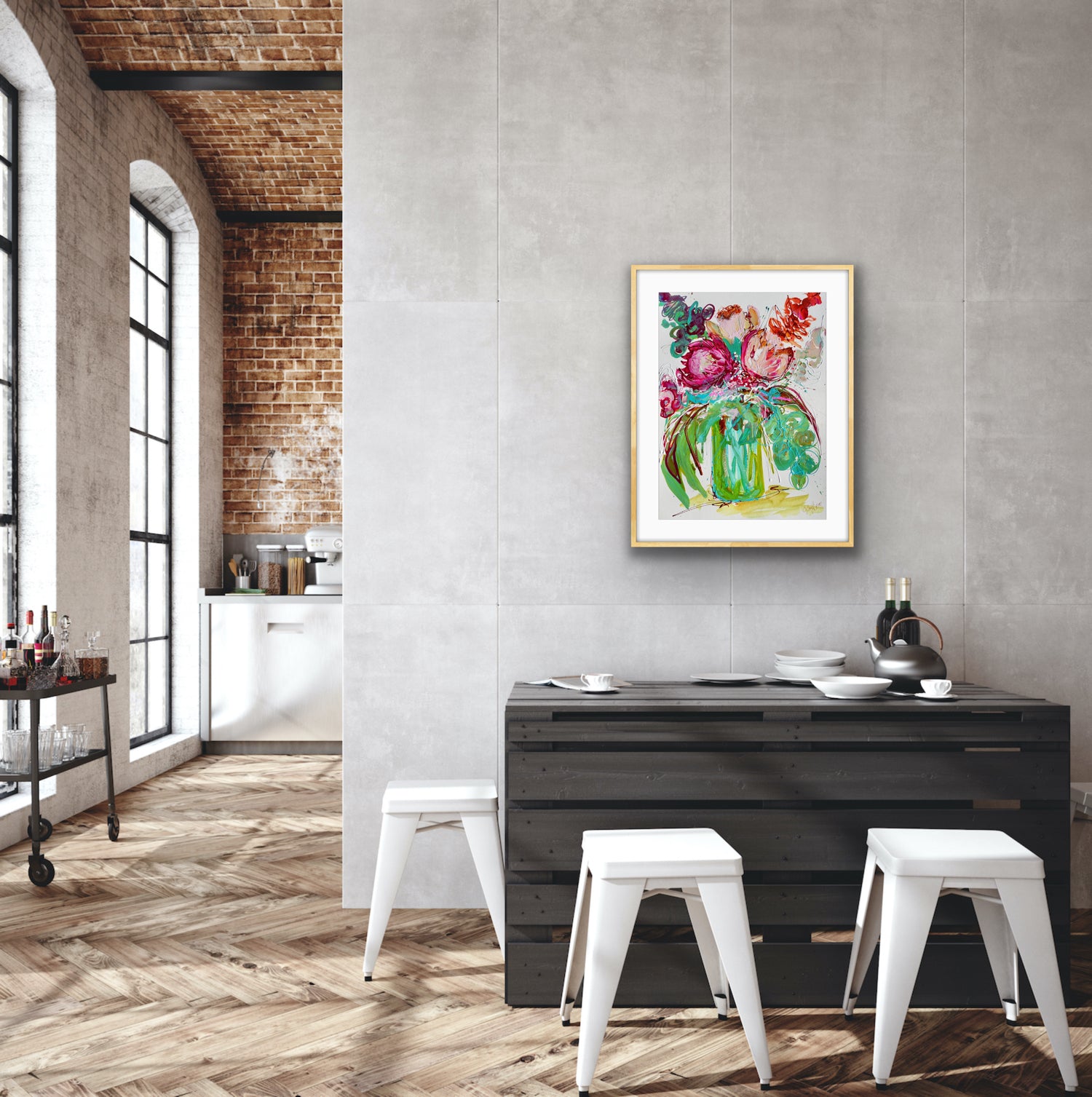 Kerry Bruce Native Bliss original artwork Acrylic on 500gsm Archival art paper in light oak box frame, Insitu in dining room 