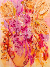 Load image into Gallery viewer, Beautifully coloured expressionist style painting of a vase of blooms in pinks and gold.
