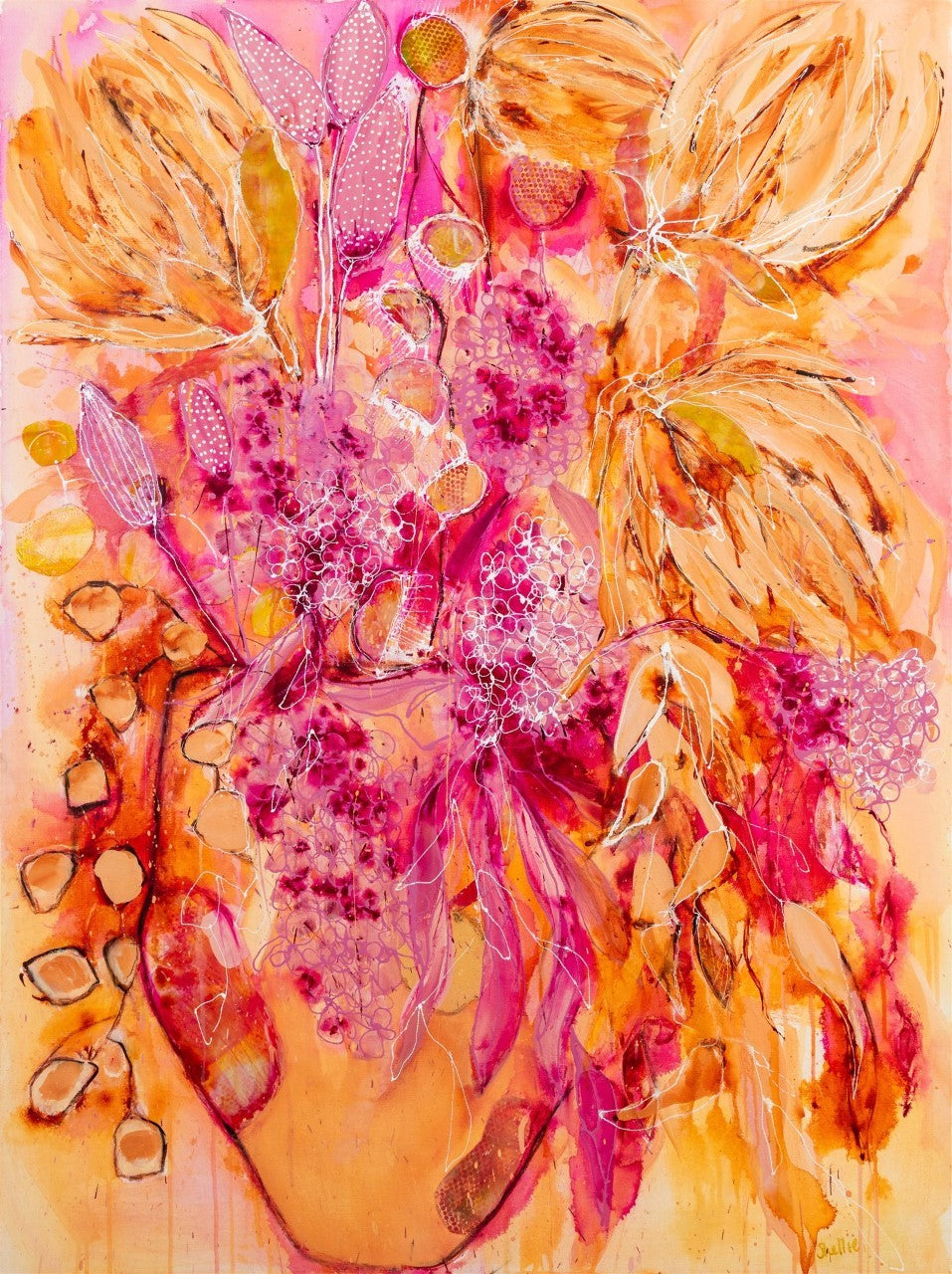 Beautifully coloured expressionist style painting of a vase of blooms in pinks and gold.