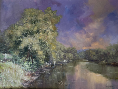 Oil painting of a view of the water and trees at Werri Lagoon NSW South Coast.