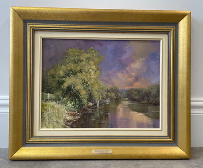 Framed painting of a view of the water and trees at Werri Lagoon NSW South Coast.