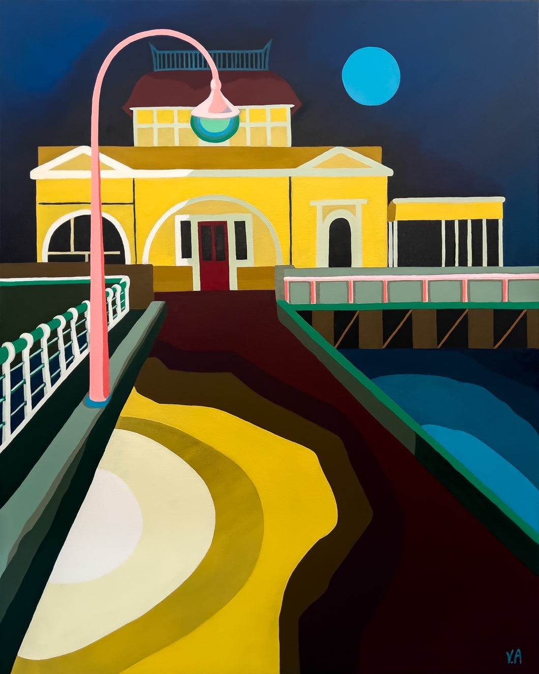 St Kilda pier and kiosk painted in a dramatic, stylised way.