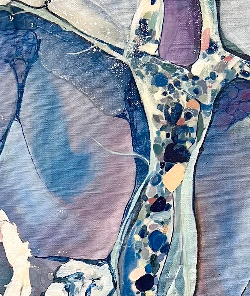 Abstract painting in shades of medium blue. Detail view.