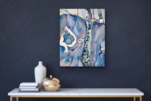 Load image into Gallery viewer, Abstract painting in shades of blue. In situ on a navy wall.
