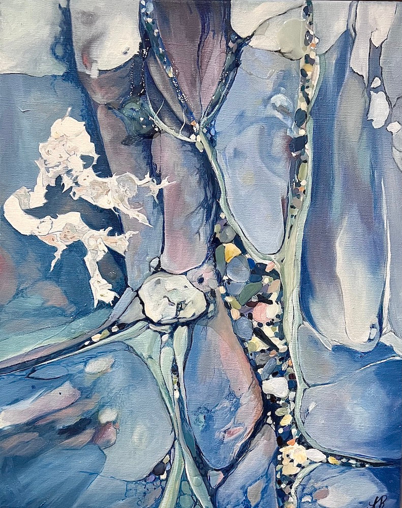 Abstract painting in shades of medium blue.