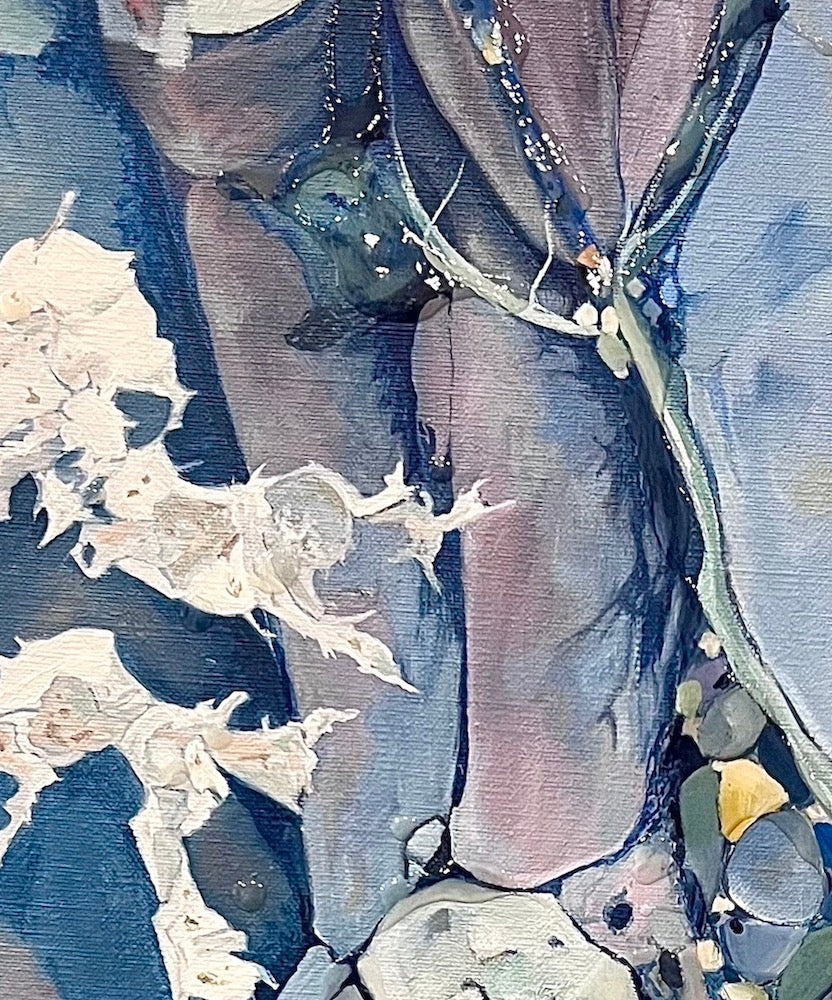 Abstract painting in shades of medium blue. Detail View 2