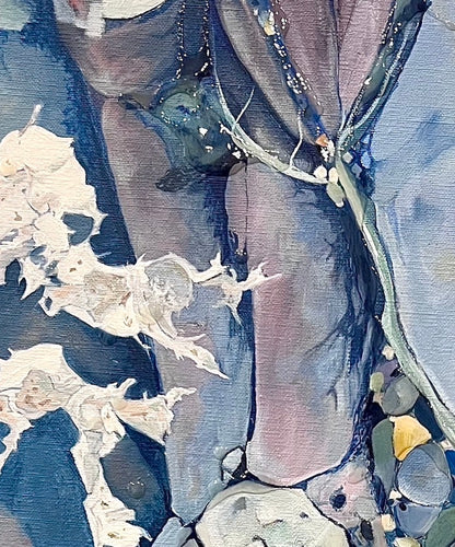 Abstract painting in shades of medium blue. Detail View 2