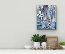 Load image into Gallery viewer, Abstract painting in shades of medium blue. In situ on a pale grey wall.

