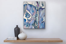 Load image into Gallery viewer, Abstract painting in shades of blue. In situ on a white wall.
