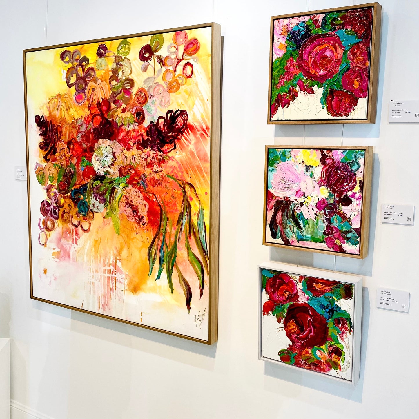 Kerry Bruce Nourish the Natives original artwork 116 x130cm Acrylic on Linen in Light Oak Box Frame, Insitu in gallery