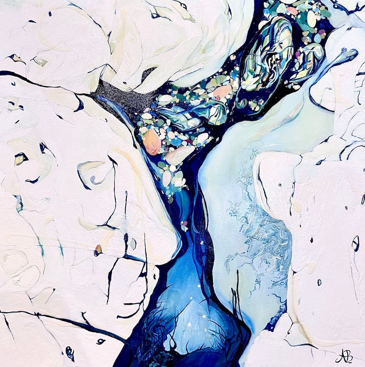 Abstract work from photographs of ocean rock pools in shades of blue, aqua, rose pink and cream.