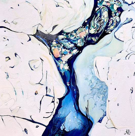 Abstract work from photographs of ocean rock pools in shades of blue, aqua, rose pink and cream.