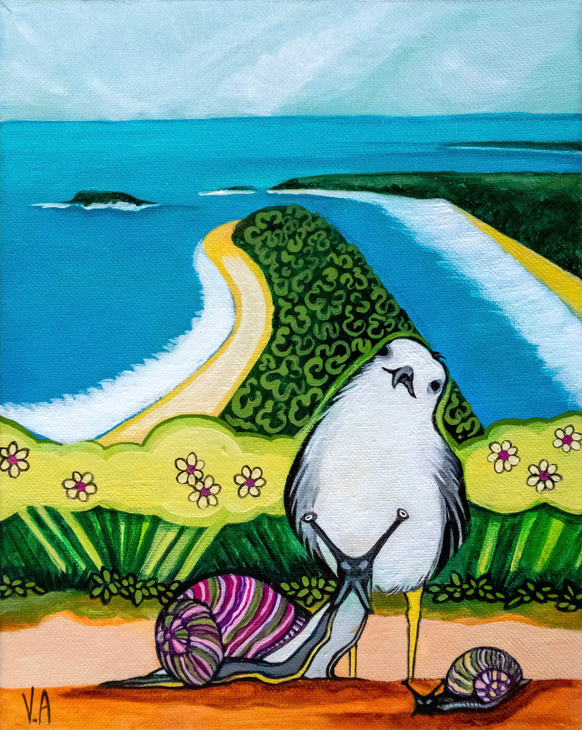 A small painting that is bright and colourful of a seagull with two brightly coloured snails in front of the sea shore.