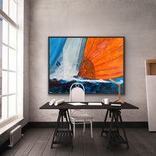 Load image into Gallery viewer, Sailing boat with bright orange spinnaker with a sailor at the helm against an aqua blue background. In sit on a wall.
