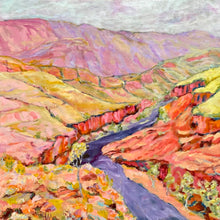 Load image into Gallery viewer, Ormiston Gorge in shades of pink, coral, orange and yellow, painted in an abstract expressionist style.
