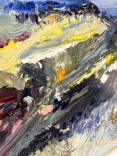 Load image into Gallery viewer, Abstract landscape with flashes of yellow in the countryside and blue mountains and blue sky. Detail view.
