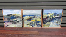 Load image into Gallery viewer, Abstract landscape with flashes of yellow in the countryside and blue mountains and blue sky. Shown alongside matching paintings, Country and Hill End.
