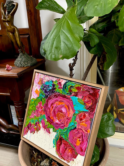 Kerry Bruce Peonies original artwork 40cm x 40cm Acrylic on Canvas in Oak Box Frame displayed in front of plant