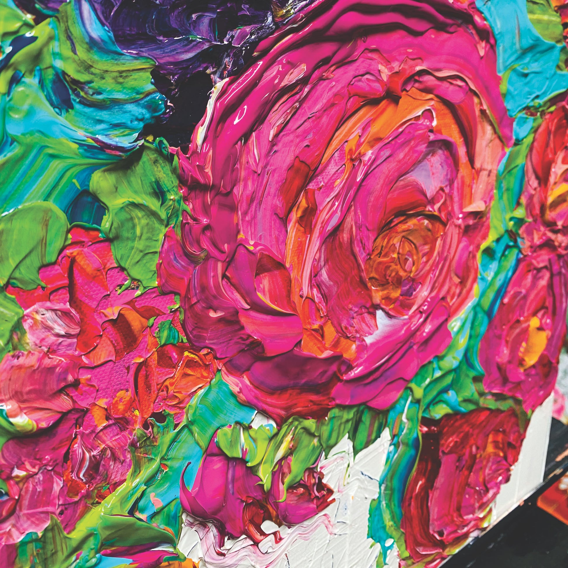 Kerry Bruce Peonies original artwork 40cm x 40cm Acrylic on Canvas in Oak Box Frame, side view of artwork