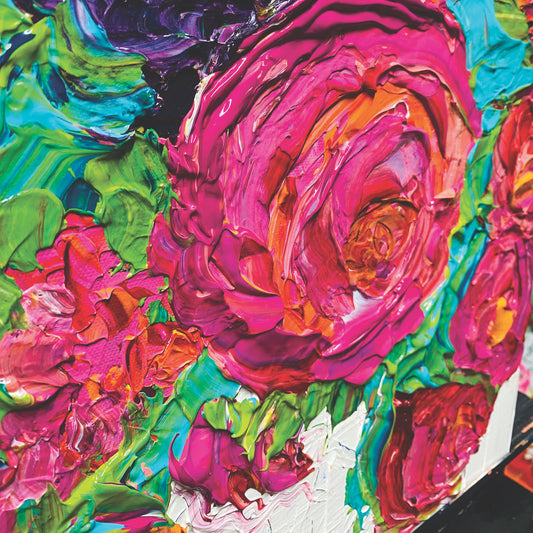 Kerry Bruce Peonies original artwork 40cm x 40cm Acrylic on Canvas in Oak Box Frame, side view of artwork