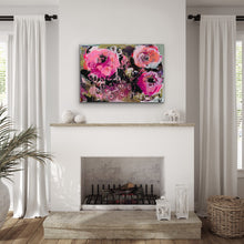 Load image into Gallery viewer, Three iris blooms in shades of pink against an olive green, sage green charcoal and black background. Shown in situ on a wall above a fireplace.
