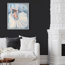 Load image into Gallery viewer, A single ballerina in a gorgeous white tutu in front of a blue pastel background. In situ on a black wall.
