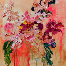 Load image into Gallery viewer, Abundance of blooms in pale pink, hot pink, burgundy and cream with splashes of bright orange on a pale apricot background.
