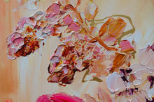 Load image into Gallery viewer, Abundance of blooms in pale pink, hot pink, burgundy and cream with splashes of bright orange on a pale apricot background. Detail view 3.
