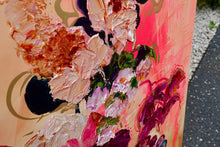 Load image into Gallery viewer, Abundance of blooms in pale pink, hot pink, burgundy and cream with splashes of bright orange on a pale apricot background. Detail view 4.
