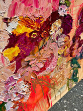 Load image into Gallery viewer, Abundance of blooms in pale pink, hot pink, burgundy and cream with splashes of bright orange on a pale apricot background. Detail view.
