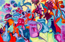 Load image into Gallery viewer, A purple jug surrounded by vividly coloured flowers and plants.
