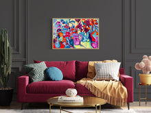 Load image into Gallery viewer, A purple jug surrounded by vividly coloured flowers and plants. In situ on a grey living room wall.
