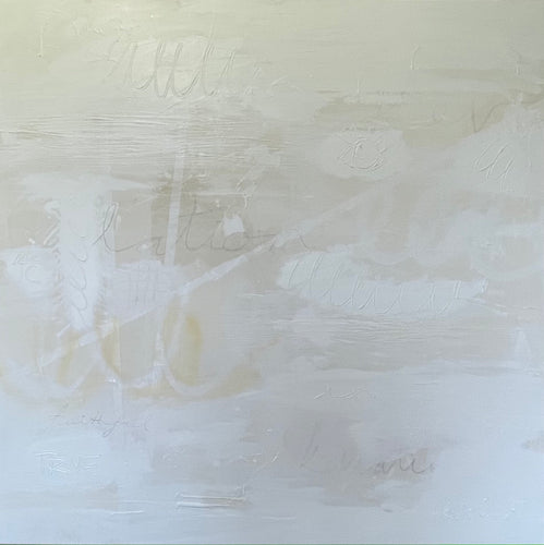 A white on white abstract painting. Within the painting are words and marks.